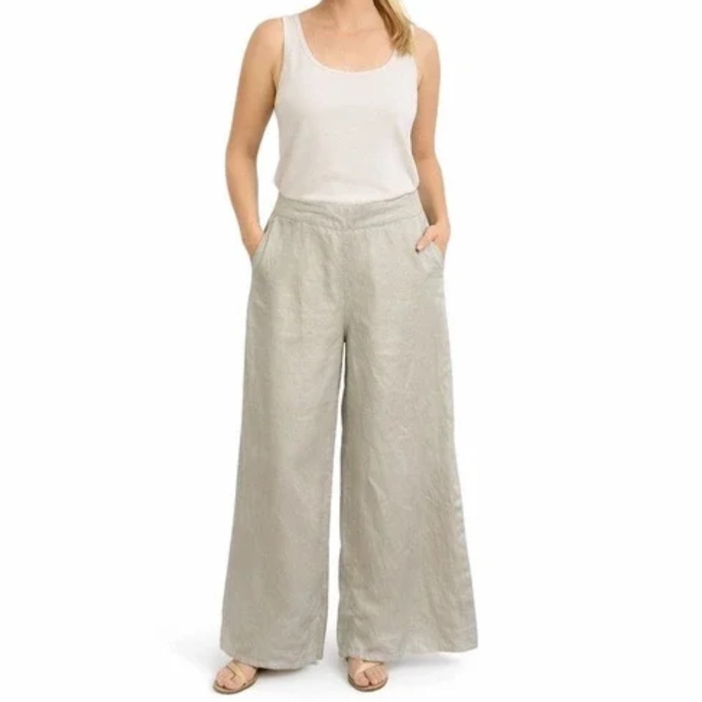Jones New York Wide Leg Linen-Blend Pants in Light Taupe with Silver Shimmer